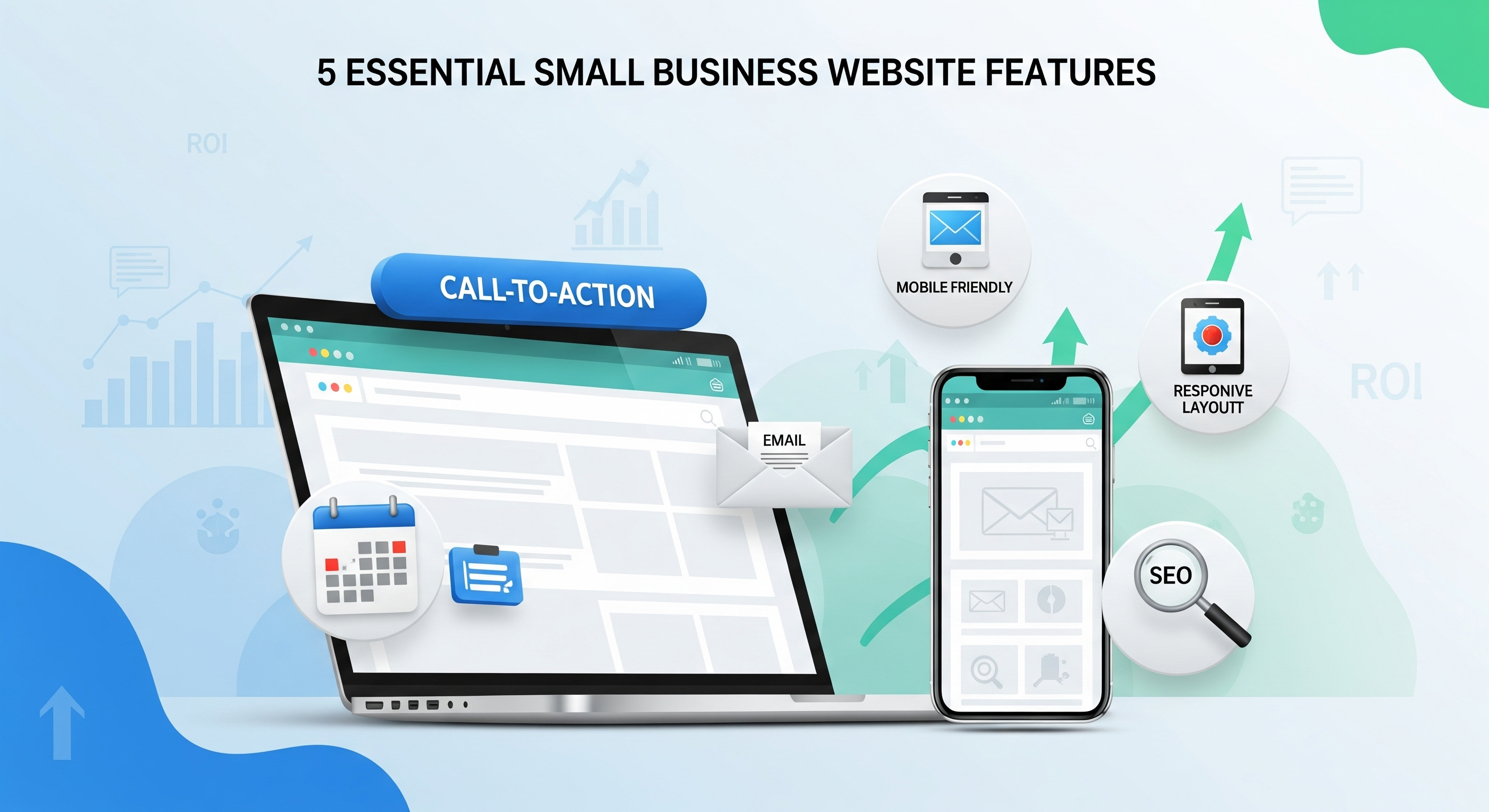 A digital illustration of a small business website on a laptop and smartphone, showcasing 5 essential features: CTA, booking, responsive design, SEO, and data collection.